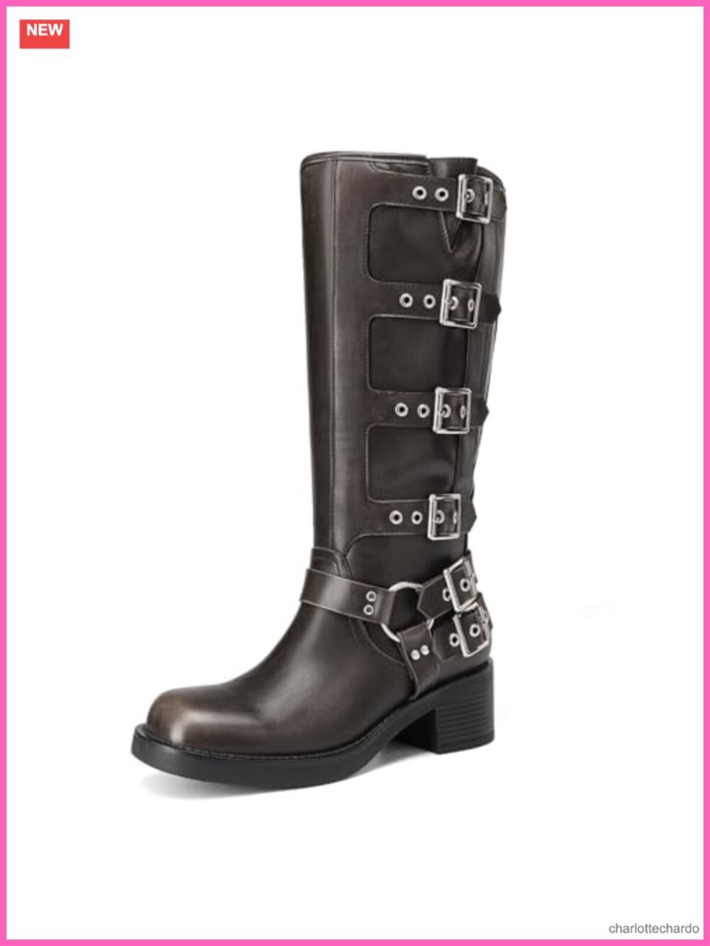 Women's Knee High Riding Boots Adjustable Buckle Chunky Heel PU Leather Biker